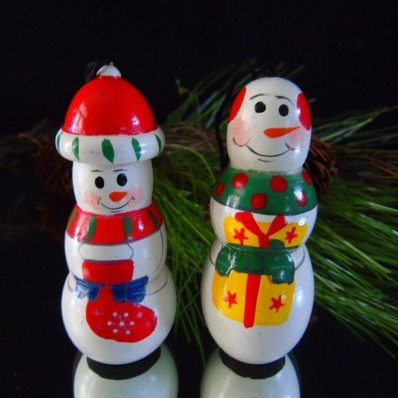 Snowman Snow Woman Vintage Christmas Holiday Ornaments Old Fashioned Decorations - Picture 2 of 3